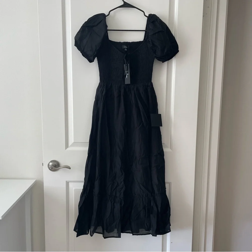 Lulu’s Inspiring Feelings Black Smocked Puff Sleeve Midi Dress Size XS - Picture 4 of 11